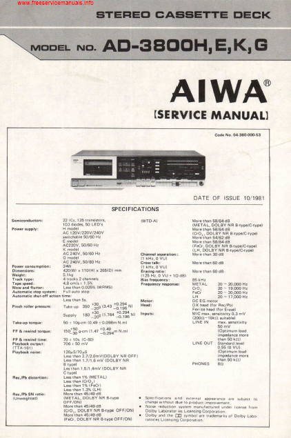 AIWA AD-3800H Stereo Cassette Deck Service Manual