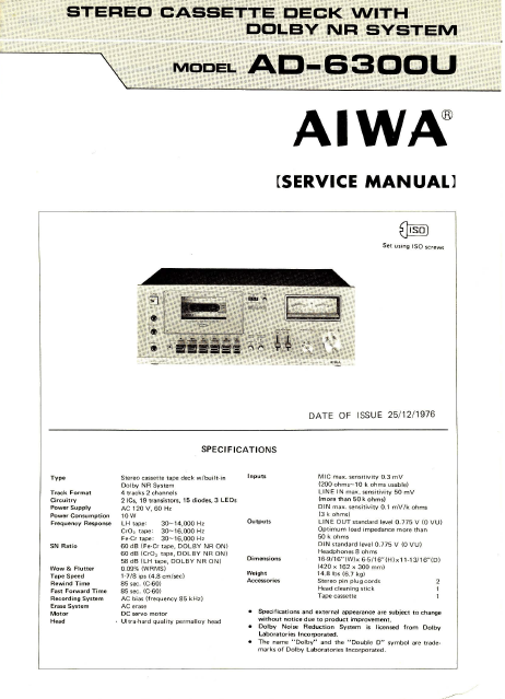 AIWA AD-6300U Stereo Cassette Deck with Dolby Service Manual
