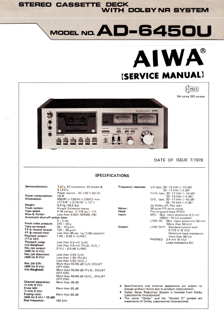 AIWA AD-6450U Stereo Cassette Deck with Dolby Service Manual
