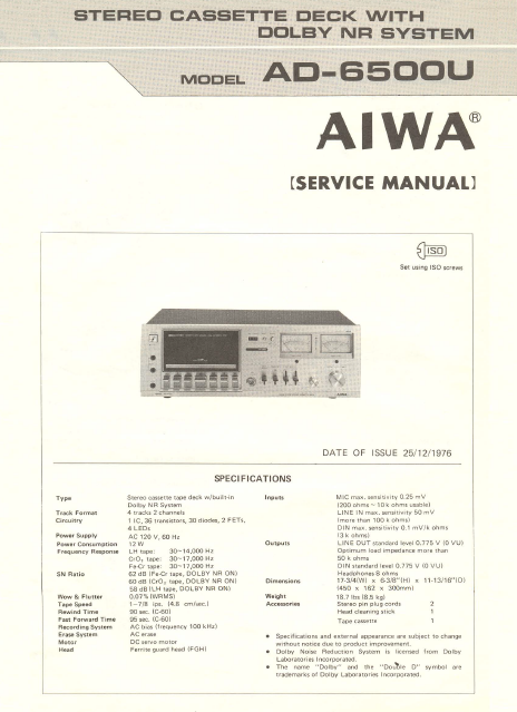 AIWA AD-6500U  Stereo Cassette Deck with Dolby NR Service Manual