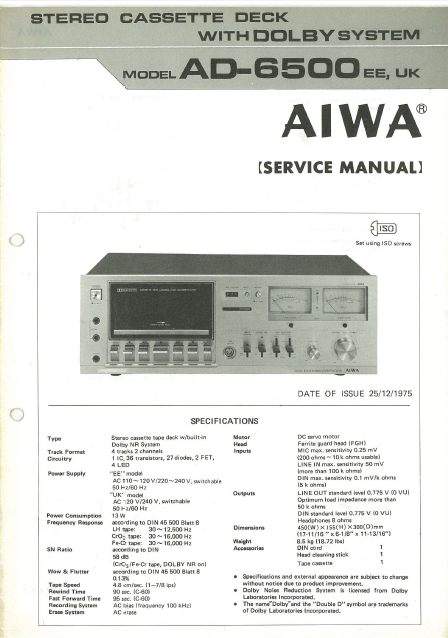 AIWA AD-6500EE UK Stereo Cassette Deck with Dolby Service Manual