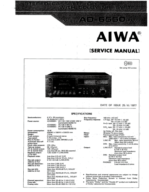 AIWA AD-6550H O G Stereo Cassette Deck with Dolby NR Service Manual