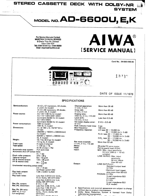 AIWA AD-6600U E K Stereo Cassette Deck with Dolby NR Service Manual