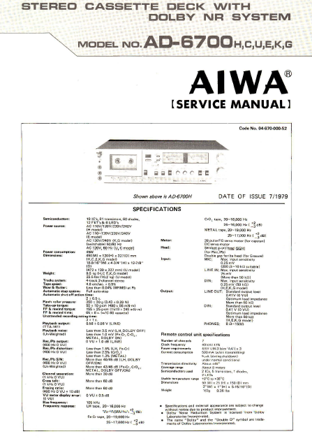 AIWA AD6700H Stereo Cassette Deck with Dolby NR Service Manual