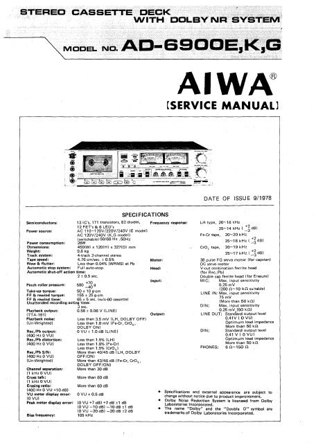 AIWA AD-6900E K,G Stereo Cassette Deck with Dolby NR Service Manual