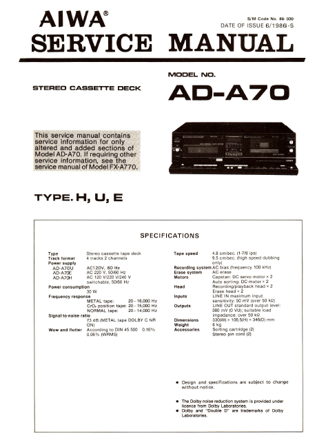 AIWA AD-A70 Stereo Cassette Deck H-U-E Service Manual