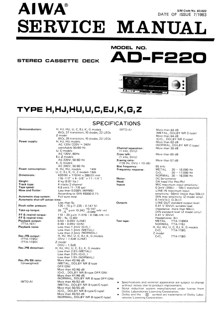 AIWA AD-F220 Stereo Cassette Deck Service Manual