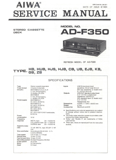 AIWA AD-F350 Stereo Cassette Deck Service Manual