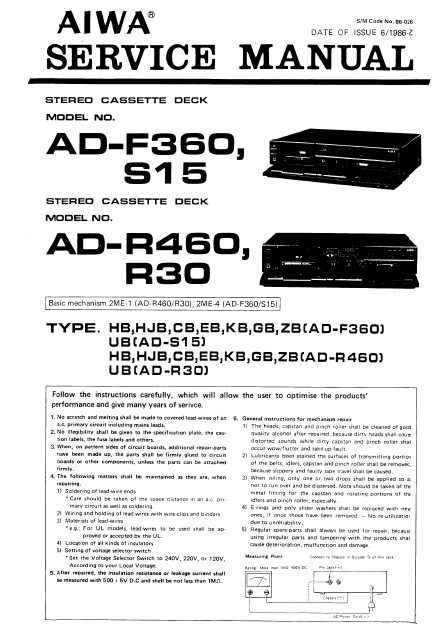 AIWA AD-F360 S15 Stereo Cassette Deck Service Manual