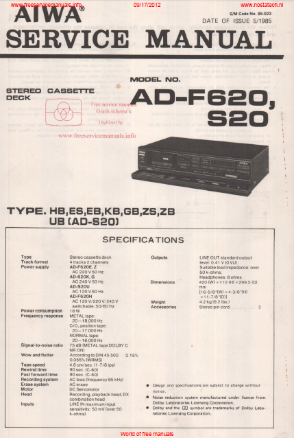 AIWA AD-F620 S20 Stereo Cassette-Deck Service Manual