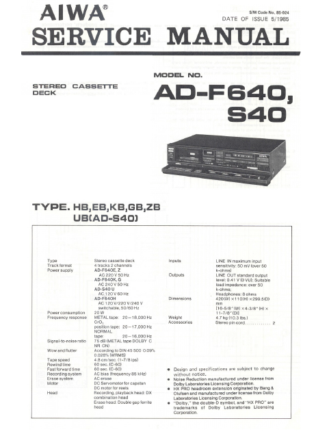 AIWA AD-F620 S40 Stereo Cassette Deck Service Manual
