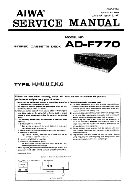 AIWA AD-F770 Stereo Cassette Deck Service Manual