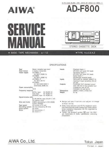 AIWA AD-F800 Stereo Cassette Deck Service Manual