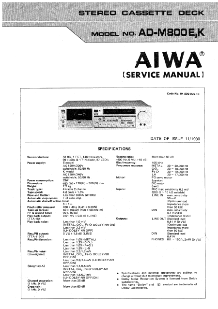 AIWA AD-M800 E-K Stereo Cassette Deck Service Manual