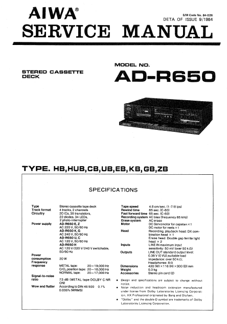 AIWA Stereo Cassette Deck AD-R650 Service Manual