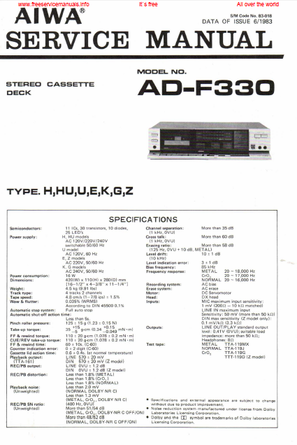 AIWA AD-F330 Stereo Cassette Deck Service Manual