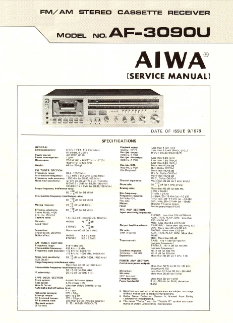 AIWA FM-AM Stereo Cassette Receiver AF-309OU Service Manual