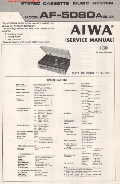 AIWA Stereo Cassette AF-5080A-EE-UK Service Manual