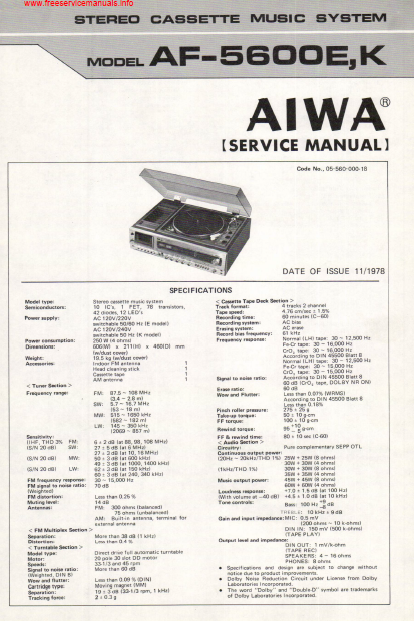 AIWA Stereo Cassette AF-5600E-K Service Manual