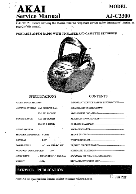 AKAI Model AJ-C3300 Portable Radio with CD Player and Cassette Recorder Service Manual