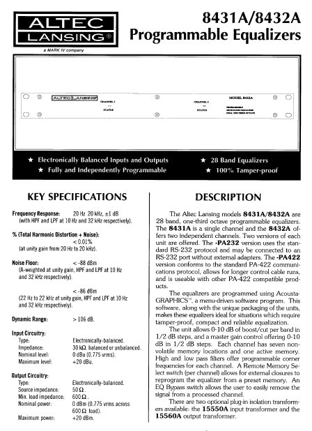 ALTEC LANSING 8431A-8432A Programmable Equalizer Operations Manual