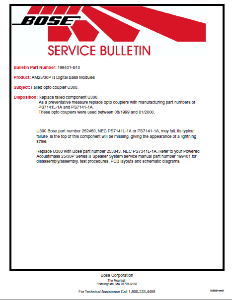 BOSE AM25 Digital Bass Module Service Bulletin