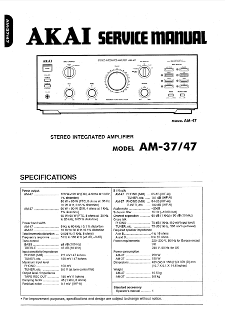 AKAI Model AM 37-47 Stereo Integrated Amplifier Service Manual