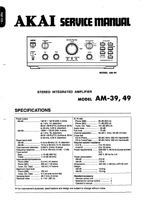 AKAI Model AM 39-49 Stereo Integrated Amplifier Service Manual