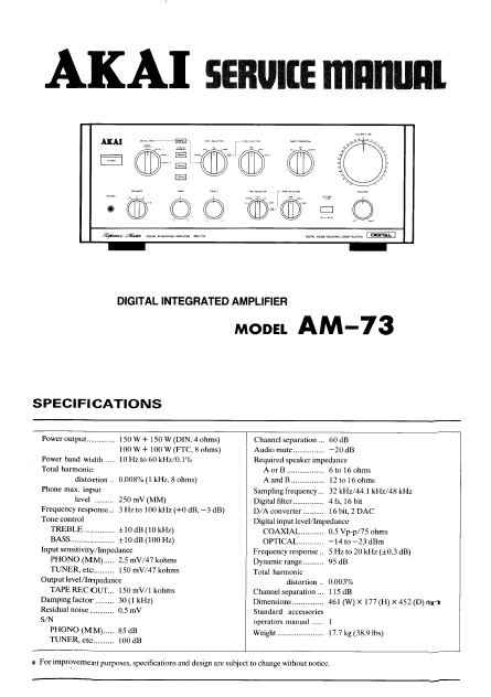AKAI Model AM-73 Digital Integrated Amplifier Service Manual