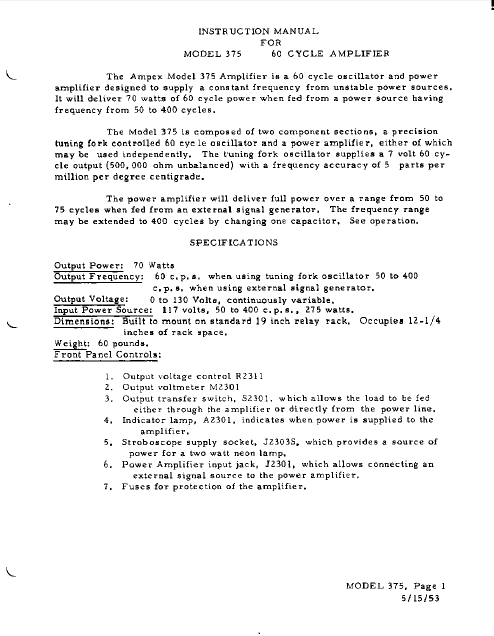 AMPEX 375 60 Cycle Amplifier Instruction Manual