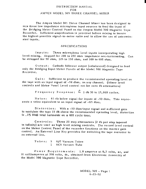 AMPEX 385 Three Channel Mixer Instruction Manual