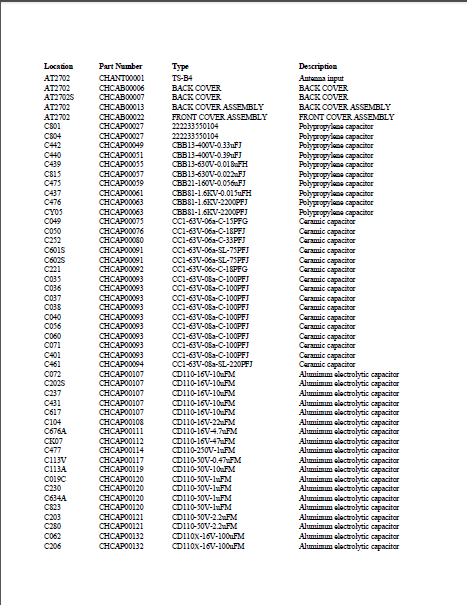AMC APEX- AT2702 Color Television Parts List