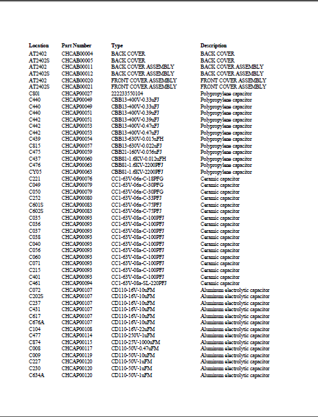 APEX AT2402 Parts Lists