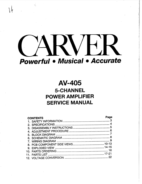 CARVER AV-405 5-Channel Power Amplifier Service Manual