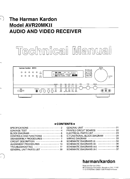 Harman Kardon Model AVR20MKII Audio Video Receiver Technical Service Manual