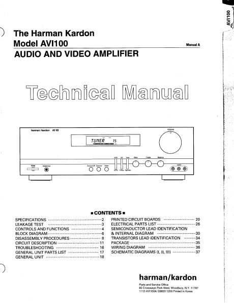 Harman Kardon Model AVI100 Audio Video Amplifier Technical Service Manual
