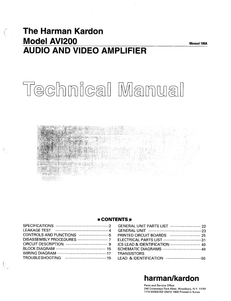Harman Kardon Model AVI200 Audio Video Amplifier Technical Service Manual