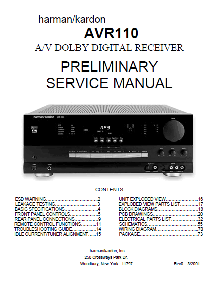 Harman Kardon AVR110 AV Dolby Digital Receiver Preliminary Service Manual