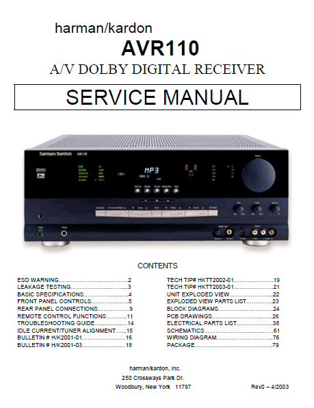 Harman Kardon AVR110 AV Dolby Digital Receiver Service Manual