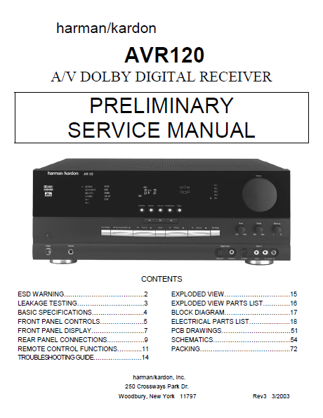 Harman Kardon AVR120 AV Dolby Digital Receiver Preliminary Service Manual