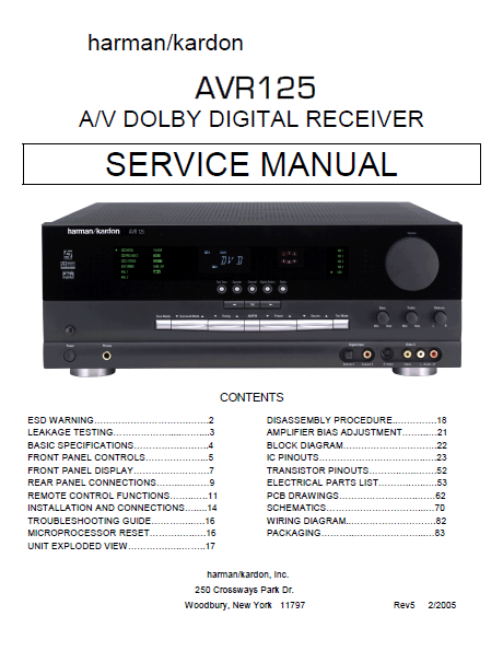 Harman Kardon AVR125 AV Dolby Digital Receiver Service Manual