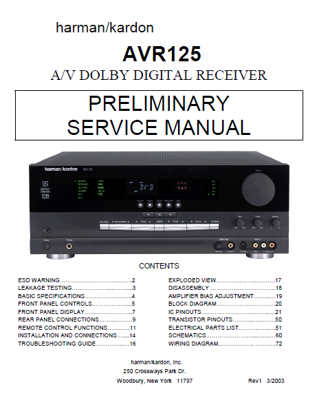 Harman Kardon AVR125 AV Dolby Digital Receiver Preliminary Service Manual