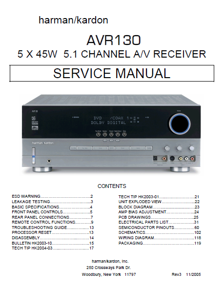 Harman Kardon AVR130 Channel AV Receiver Service Manual