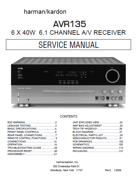 Harman Kardon AVR135 Channel AV Receiver Service Manual