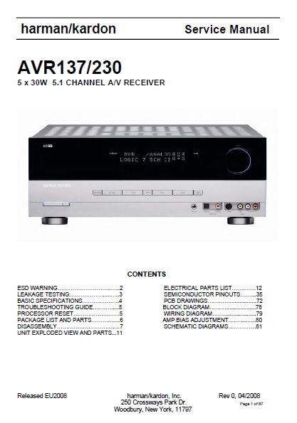 Harman Kardon AVR 137-230 Channel AV Receiver Service Manual