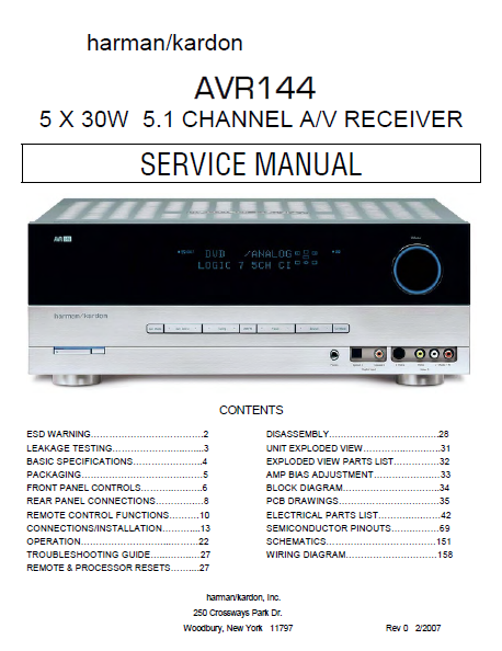 Harman Kardon AVR144 Channel AV Receiver Service Manual