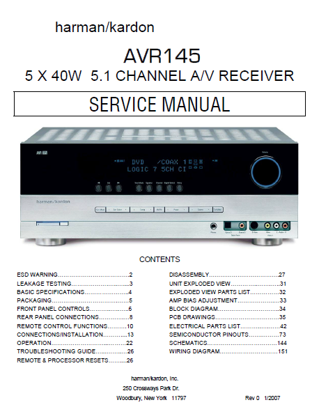 Harman Kardon AVR145 Channel AV Receiver Service Manual