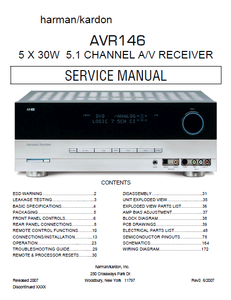 Harman Kardon AVR146 Channel AV Receiver Service Manual