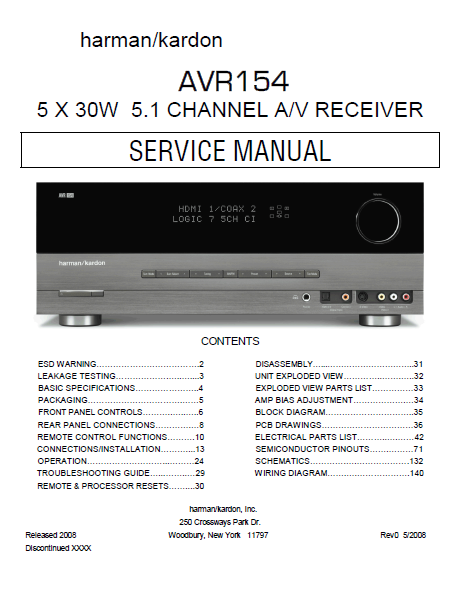 Harman Kardon AVR154 Channel AV Receiver Service Manual