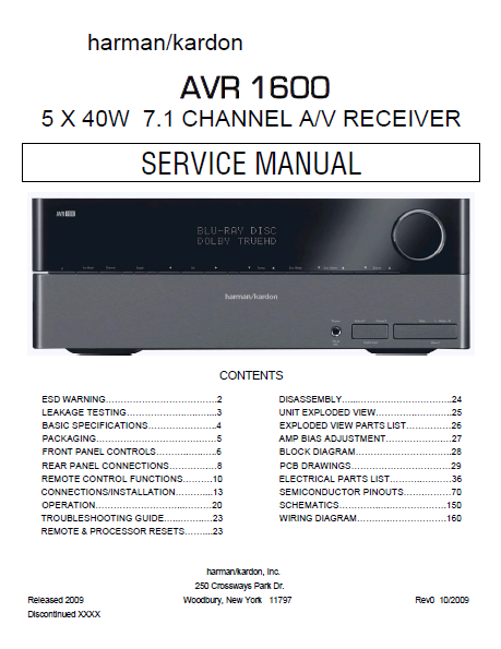 Harman Kardon AVR 1600 Channel AV Receiver Service Manual